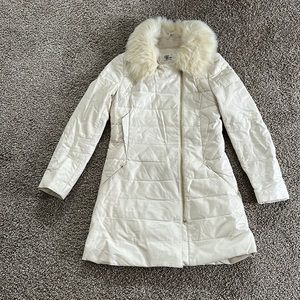Lamb leather down jacket with removable fox collar